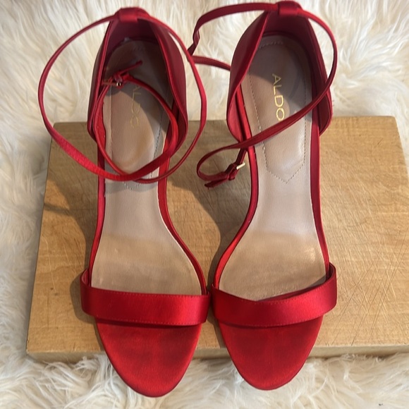 Aldo Red Satin One Strap Open Toe Wrap Heels - Picture 2 of 11